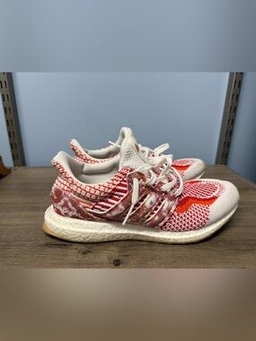 adidas Women's Athletic Sneakers in White and Red Knit ultra boost